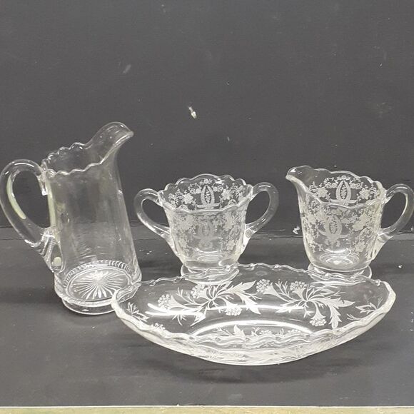 4 pc. bundle Fostoria Cambridge etched crystal creamer sugar, pitcher, dish - Picture 1 of 15